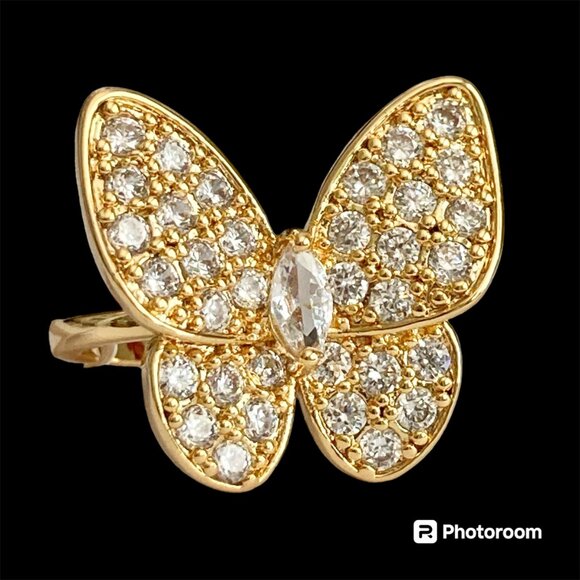 Cubic Zirconia Butterfly Cocktail Ring Yellow Gold Plated Size 7 8 9 Statement - Picture 1 of 11